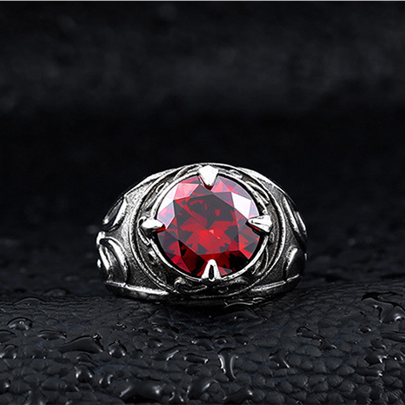 Vintage Stainless Steel Solitaire Ring Inlay Round Cubic Zirconia CZ Stone Statement Rings for Men
