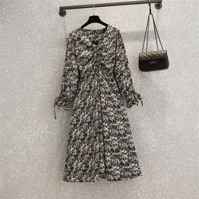Spring Long Sleeve Chiffon Floral Dress Women Large Size 4XL Medium Length Loose Women's Femme Robe 12933 210427
