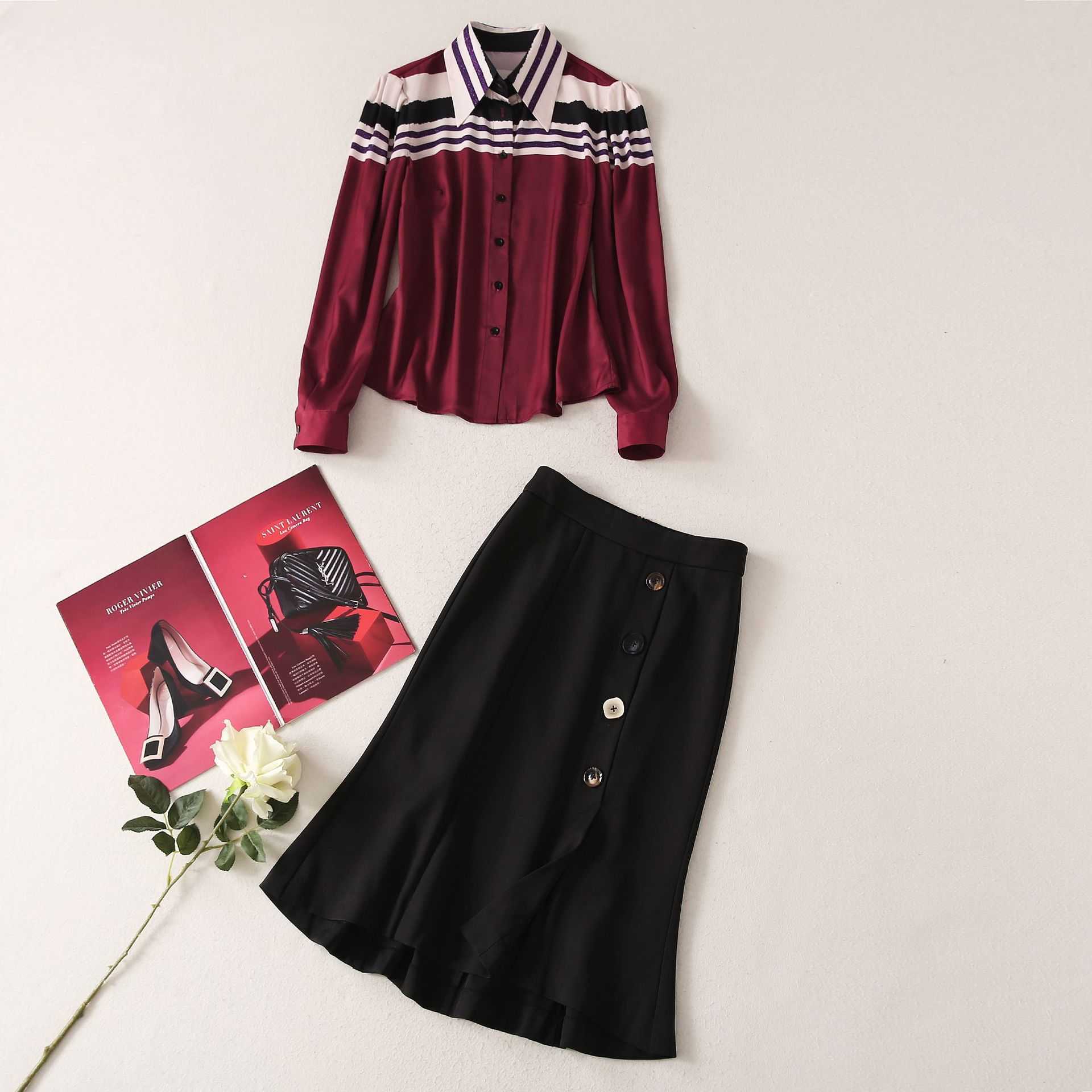 HIGH QUALITY est Fashion Office Lady Suit Sets Women's Elegant Striped Printed Wine Red Shirt Split Fishtail Skirt Set 210526, Claret
HIGH QUALITY est Fashion Office Lady Suit Sets Women's Elegant Striped Printed Wine Red Shirt Split Fishtail Skirt Set 210526, Claret