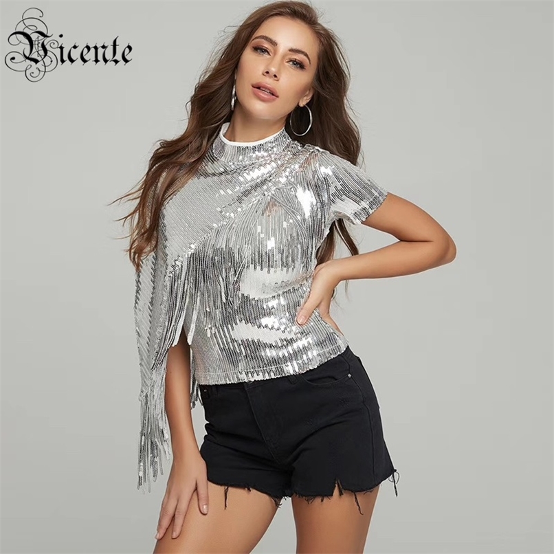 Trendy Sequins Tassel Design Short Sleeves Stand Collar Celebrity Party Silver Top 210520
Trendy Sequins Tassel Design Short Sleeves Stand Collar Celebrity Party Silver Top 210520