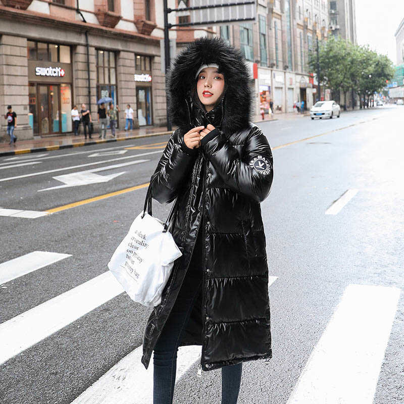 Faux Fur Hooded Winter Jacket Women Long Parka Thicken Warm Ladies Puffer Coat Women Warm Glossy Parkas Mujer Casaco Jacket 210528