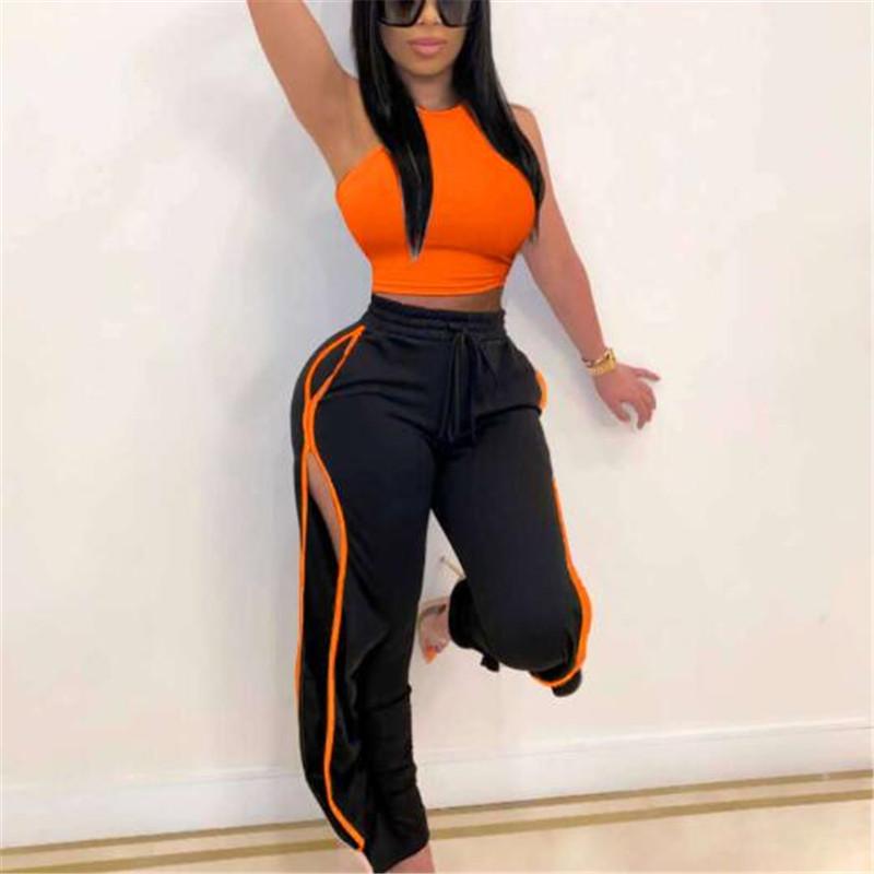 Women Sexy 2pcs Sets Slim Short Tank + Long Pants Tracksuits Summer Sleeveless Solid Color Vest Side-opened Sport Trousers Suits Women's