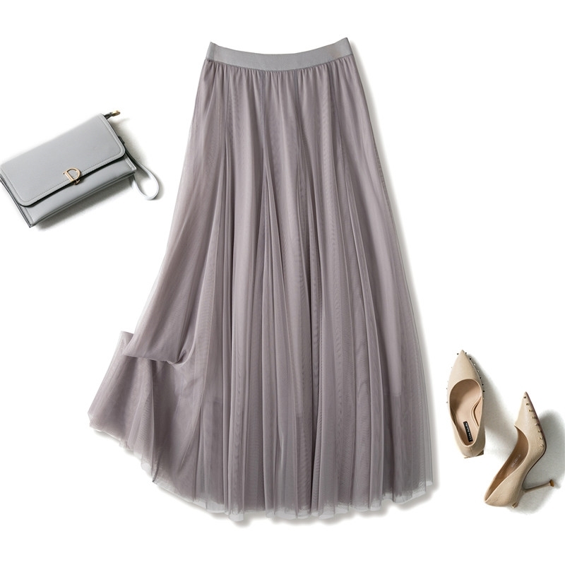 Tulle Skirt Mesh Elastic Tutu Spring Summer Korean High Waist Kpop Fashion Pleated Long Black/Khaki 210621
