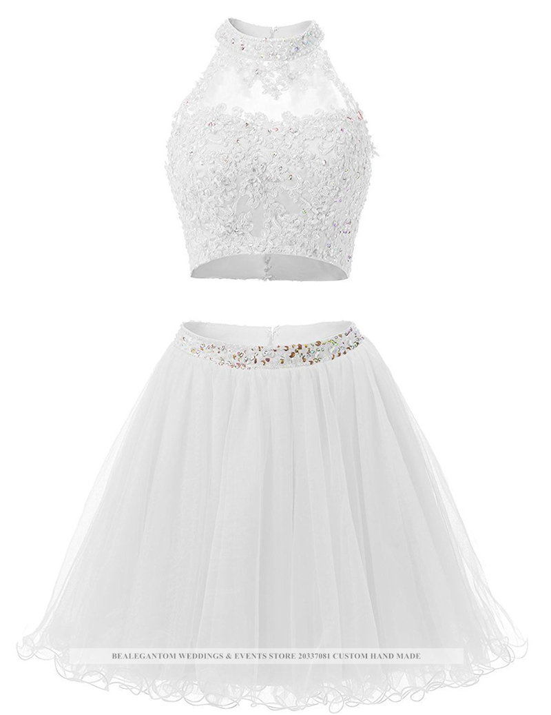 Sweet Sexy Backless Sequins Ball Gown Mini Homecoming Dress With Two Pieces Appliques Tulle Plus Size Graduation Cocktail Prom Party Gown BH11