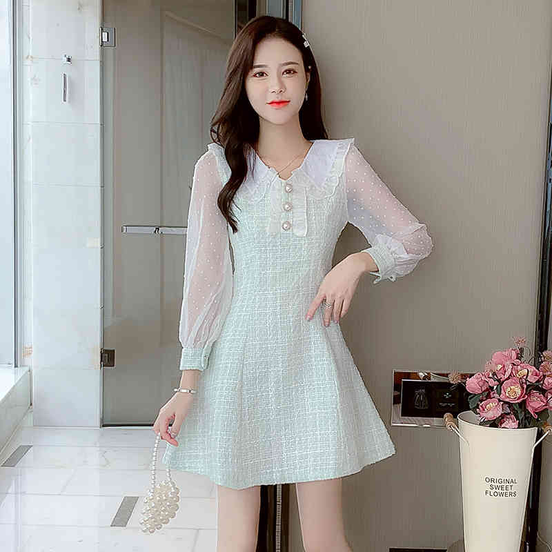 HMA New Autumn And Winter Tweed Woolen Dresses Women Fashion Hit Color Long Sleeve Elegant Sweet Vestidos 210409