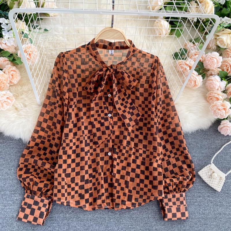 Womens Autumn Blouse French Retro Bow ONeck Long Sleeve Plaid Chiffon Shirts Women blusa PL488 210401