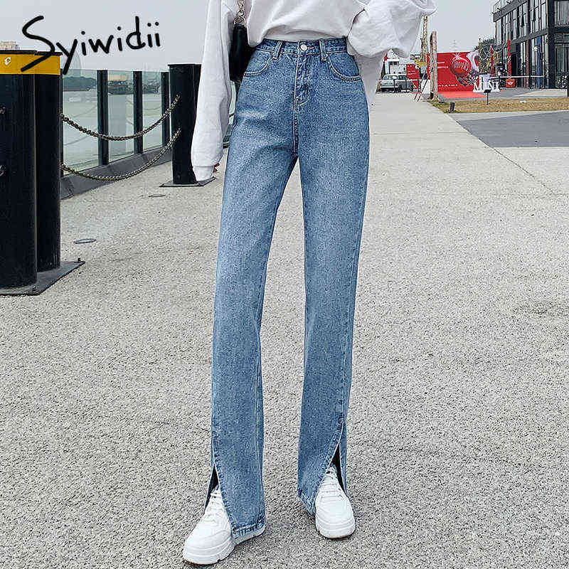 Syiwidii Women Jeans Black Flare Pants Front Side Slit Leg Fall High Waisted Bell Bottom Jeans Full Length Denim Clothes 211112