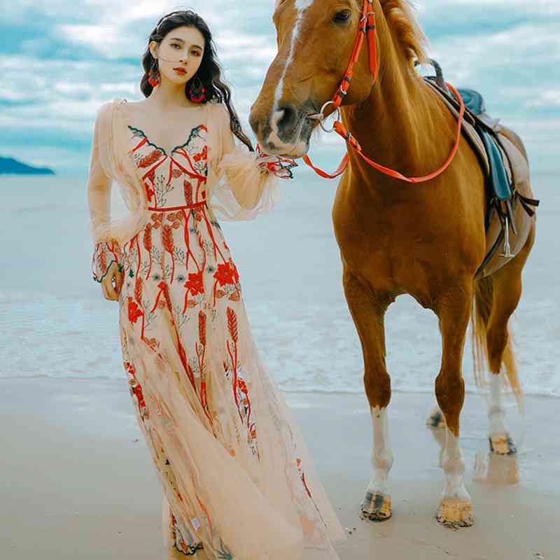 Women's Bohemian Holiday Summer Vintage Party Dress Full Sleeve Mesh Embroidered Flowers Pleated Long 210520