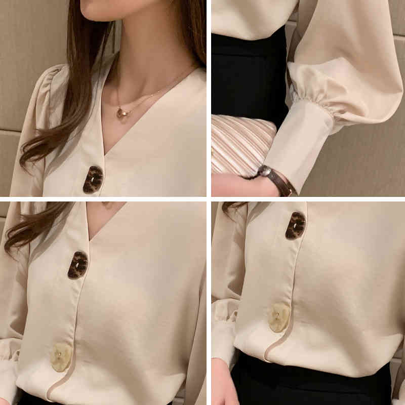 Women Vintage Blouses V-neck Long Sleeve Shirt Solid Tops Casual Korean Lantern Office Lady Clothes 10567 210506