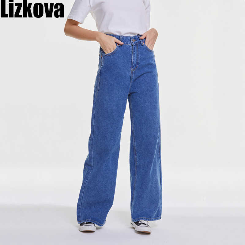 Lizkova Spring Blue Jeans Women High Waist Overlength Denim Mujer Pantalones Fashion Wide Leg Korean Style Trousers 210922