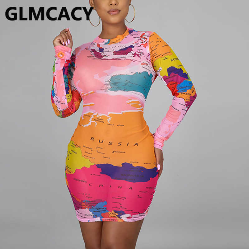 Women Long Sleeve Mesh Map Printed Bodycon Dress Sexy Party Club Dresses 210702