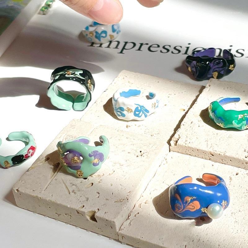 Bagues de mariage SO Couleur classique Madmade Enamel Glaze Perle Perle Papier Feuille d'or Ne fondue Anneau d'ouverture de Femme Girl Party Fête