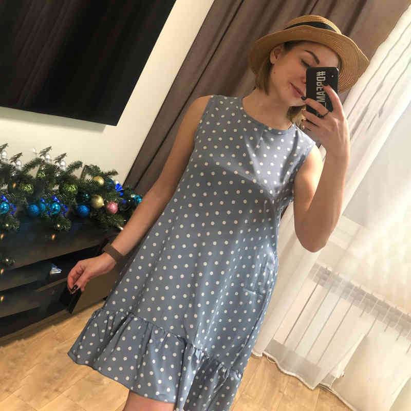 Women Summer Dress Fashion Polka Dot Sleeveless Beach Mini Dress For Women Casual Print Short Loose Blue Sundress Plus Size 210409