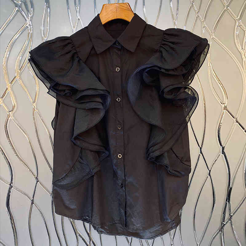 Patchwork Ruffle Solid Blouse Female Lapel Short Sleeve Casual Elegant Shirt For Women Fashion Clothes Summer 210524