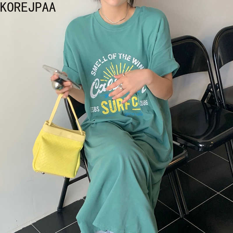 Korejpaa Women Dress Summer Korean Fashion Chic Casual O Neck Letter Printing Design Loose Wild Short-sleeved Split Dresses 210526, Green
Korejpaa Women Dress Summer Korean Fashion Chic Casual O Neck Letter Printing Design Loose Wild Short-sleeved Split Dresses 210526, Green