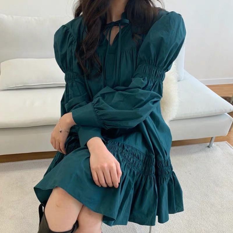 Elegant Women Bow V-Neck Dresses Fashion Ladies Patchwork Draped Vestidos Sweet Female Chic Puff Sleeve Mini Dress 210430