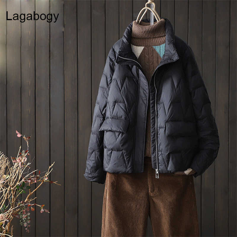 Lagabogy Autumn Winter Coat Women Ultra Light White Duck Down Parka Short Loose Puffer Jacket Female Casual Outwear 210918