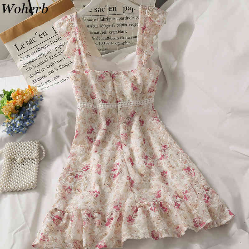 Mini Dress Women Korean Summer Robe Hollow Out Crochet Ruffle Vestidos High Waist Backless Sweet Fashion Dresses 210519
