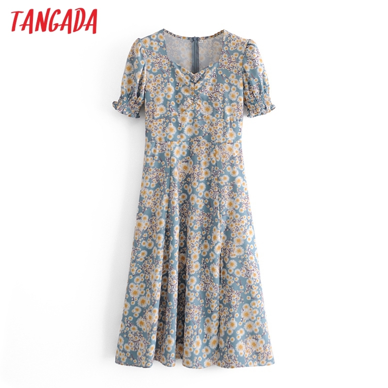 Summer Women Dots Print Midi Puff Short Sleeve Ladies Dress Vestidos 3A32 210416
