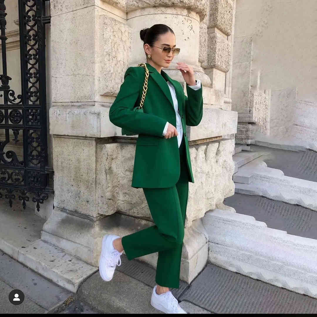 Green All-Match Casual Women Blazer Jacket Coat Spring Autumn Vintage Office Lady Chic Female Suit Fashion Outwear 210521