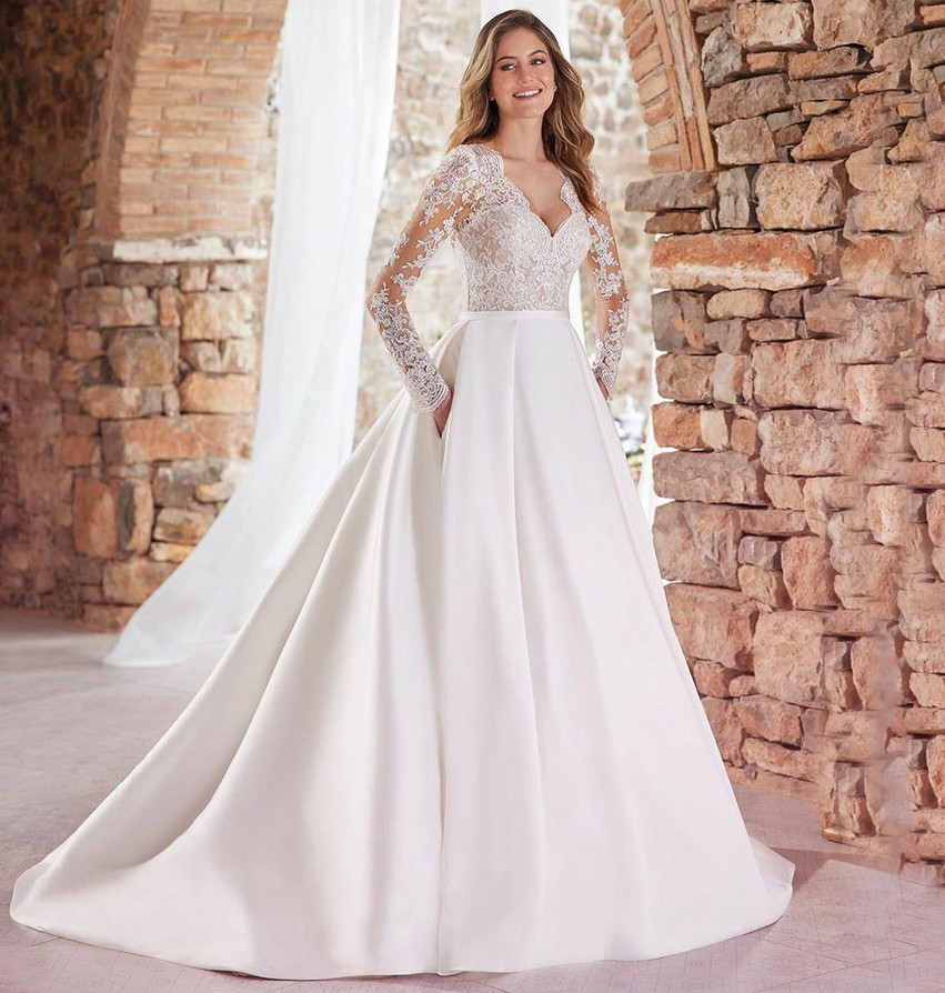 2025 Elegant Women Wedding Dress With Pocket Sexy V Neck Long Sleeves Lace Appliques Bride Dresses Satin Long Bridal Gowns Vestidos de Noiva Robe Mari