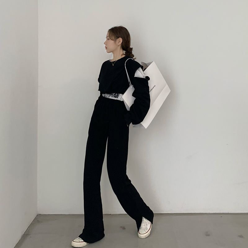 OL Vintage Elastic High Waist Wide Leg Pants Women Bottoms Autumn Winter Solid Casual Sweatpants Loose Trousers Femme 210421