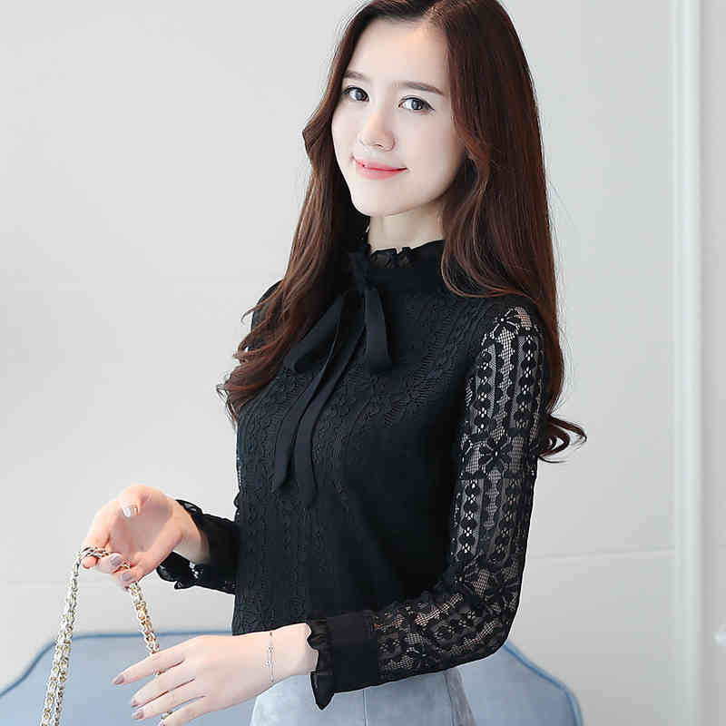 long sleeves women clothing solid lace blouse blusas casual plus size bow stand neck shirts clothes C871 30 210506