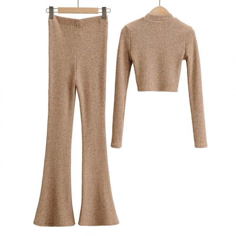 Women Set Woman T-shirt Pants Sets Long Sleeve Short Tops High Waist Wide Leg Fashion Two-piece 210524