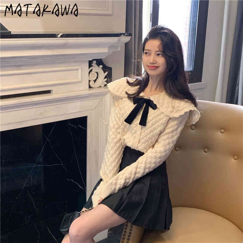MATAKAWA Knitted Sweater Cardigan Coat Turn-down Collar Sweaters for Women Bow Fashion Retro Japanese Spring Top 210513