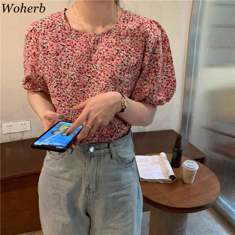 Women Blouse Vintage O Neck Floral Lantern Puff Sleeve Shirt Female Summer Blusas Loose Temperament Korean Chic Tops 210519