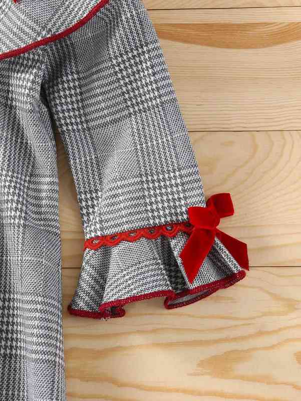 Baby Glen Plaid Bow Detail Ruffle Trim Flounce Sleeve Pleated Dress SHE