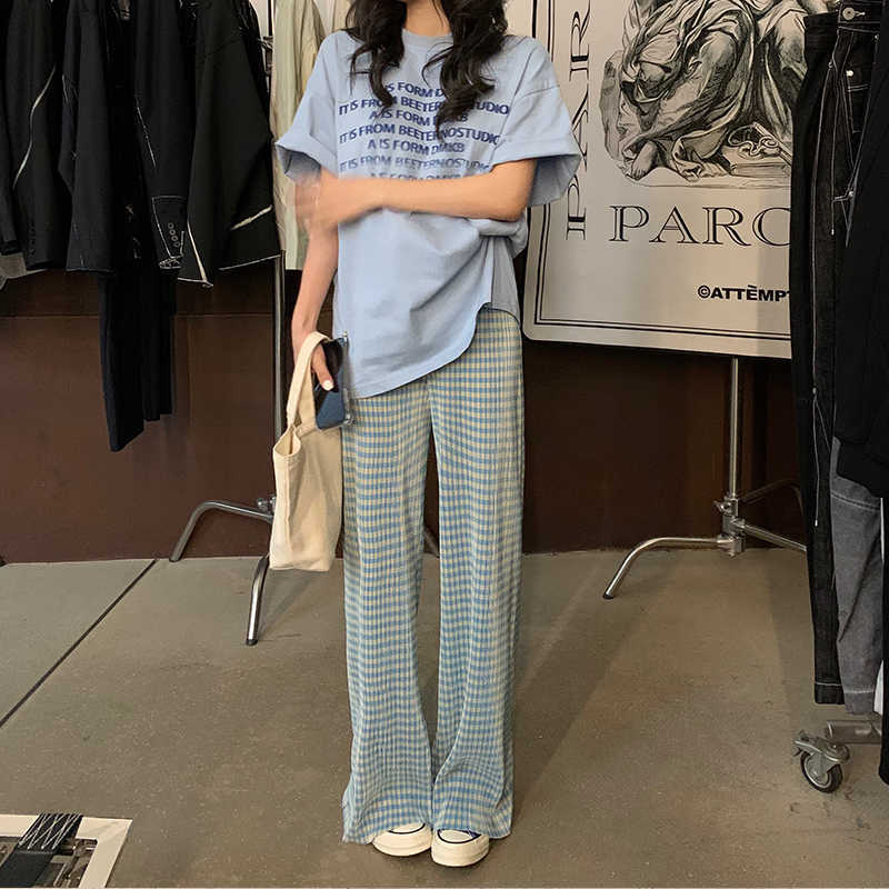 HziriP Blue Plaid Slit High Waist Draping Thin Loose Women Chic Fashion All-Match Straight Pleated Casual Mopping Pants 211115
