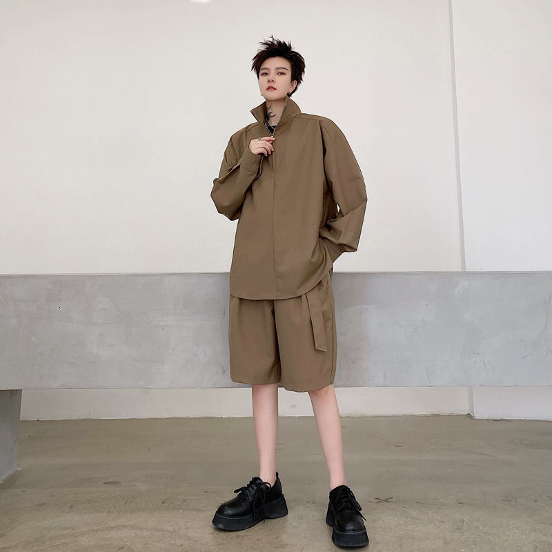 IEFB Spring Men's Wear Stand Collar Zipper Loose Causal Pullover Long Sleeve Shirt + Shorts With Belt Suit Two Pieces Set 210524