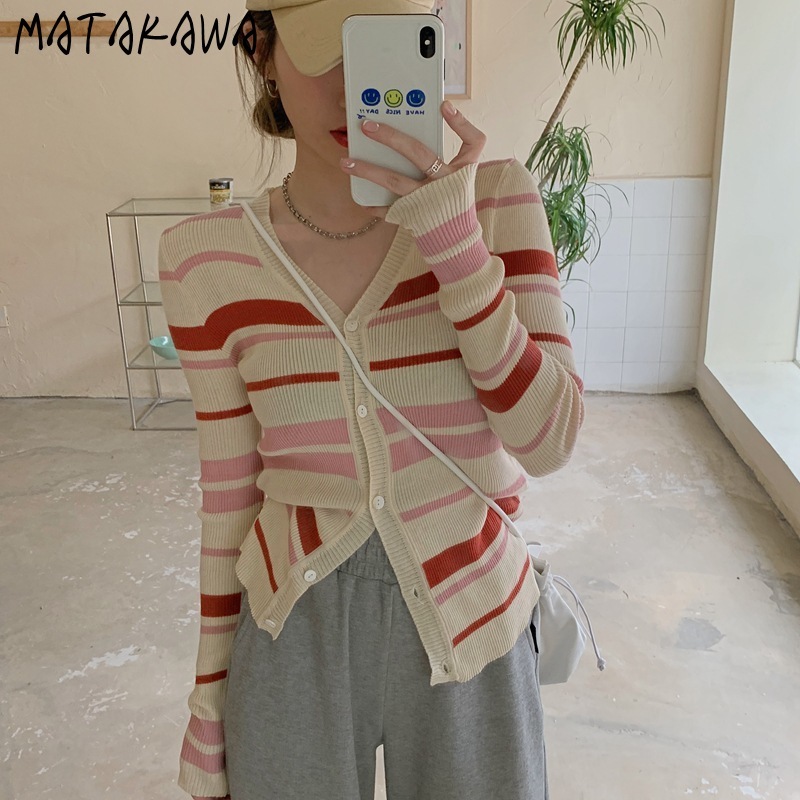 MATAKAWA Striped Women's Sweater Contrast Color V-neck Long-sleeved Knitted Cardigan Sweaters Spring Slim Single Breasted Top 210513
