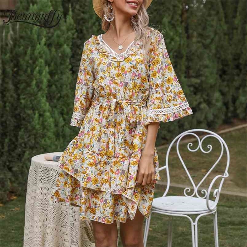 V-neck Ruffle Trim Layered Dresses Summer Women Half Sleeve High Waist Elegant Floral Print Short Dress with Belt 210510