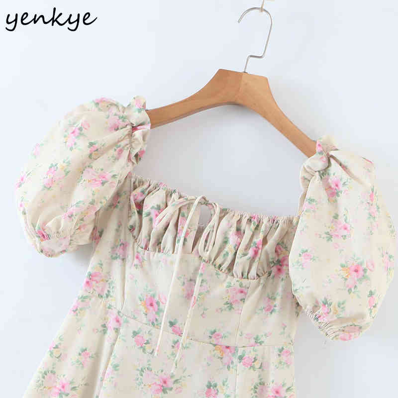 Summer Dress Women Vintage Floral Print Elegant Long Maxi Femme Square Neck Puff Sleeve A-line Sexy Slits Robe 210430