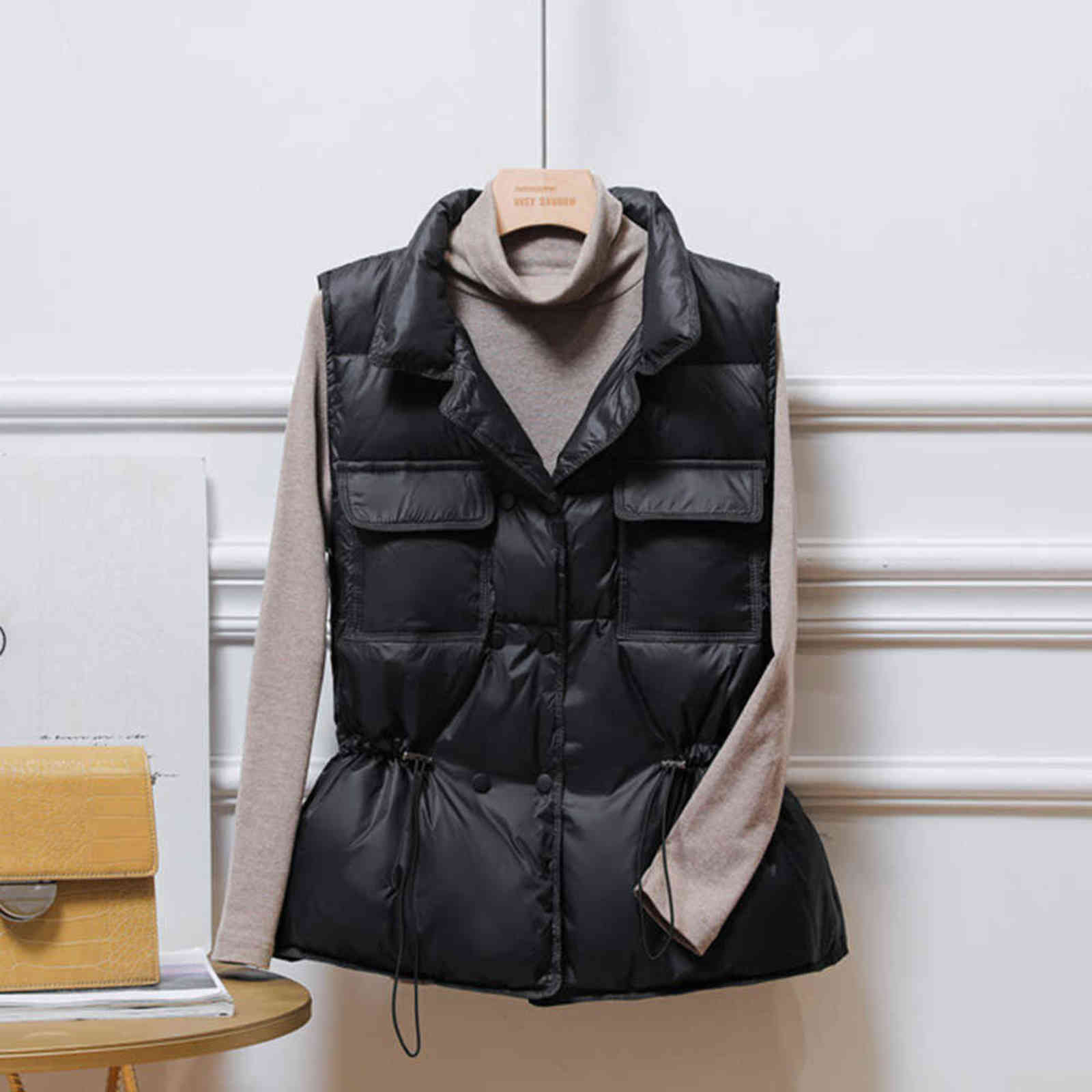Padded Vest Women Winter Sleeveless bright down jacket Oversized quilted Coat Stand Collar Cardigan Drawstring Outerwear Chic 211120