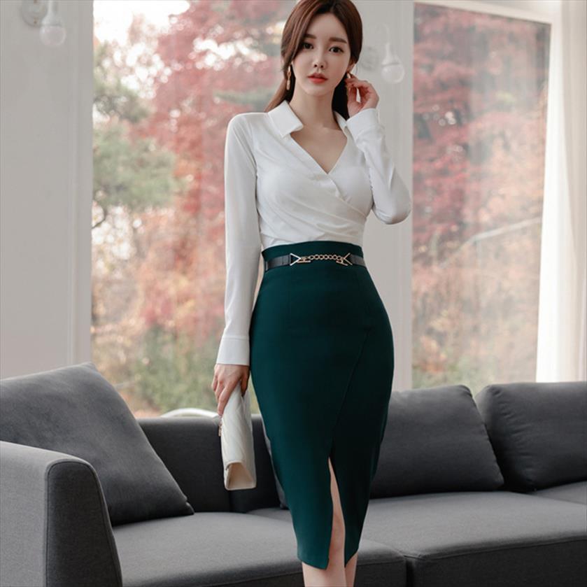 arrival fashion set spring ol women tracksuits professional temperament white v neck shirt and green bag hip skirt two piece, Gray
arrival fashion set spring ol women tracksuits professional temperament white v neck shirt and green bag hip skirt two piece, Gray