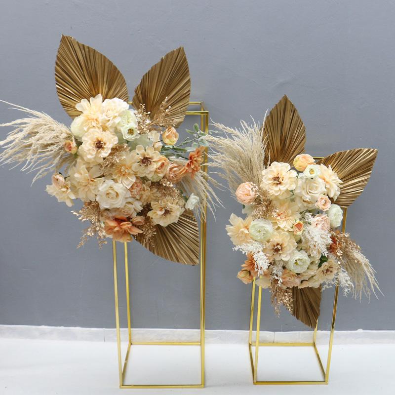 Decorative Flowers & Wreaths Color Golden Natural Dried Pu Fan Leaf Artificial Flower Row Arrangement Outdoor Wedding Arch Backdrop Wall Dec