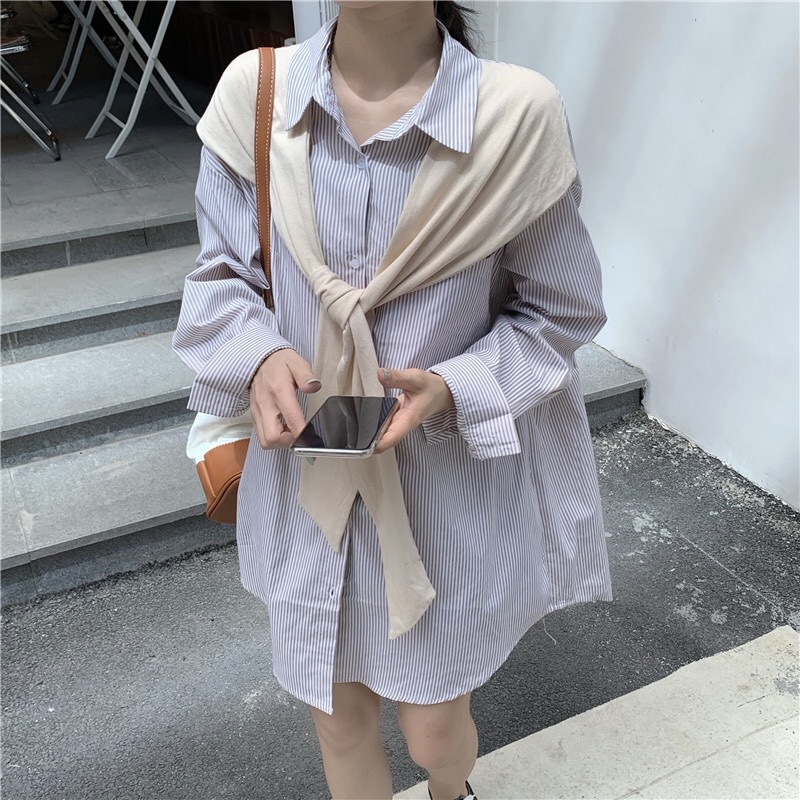 Korea Clothing CHIC False 2 piece Mid Long Striped Oversize Shirt Retro Woman Lapel sleeve Loose Blouse Casual Tops Blousas 210429