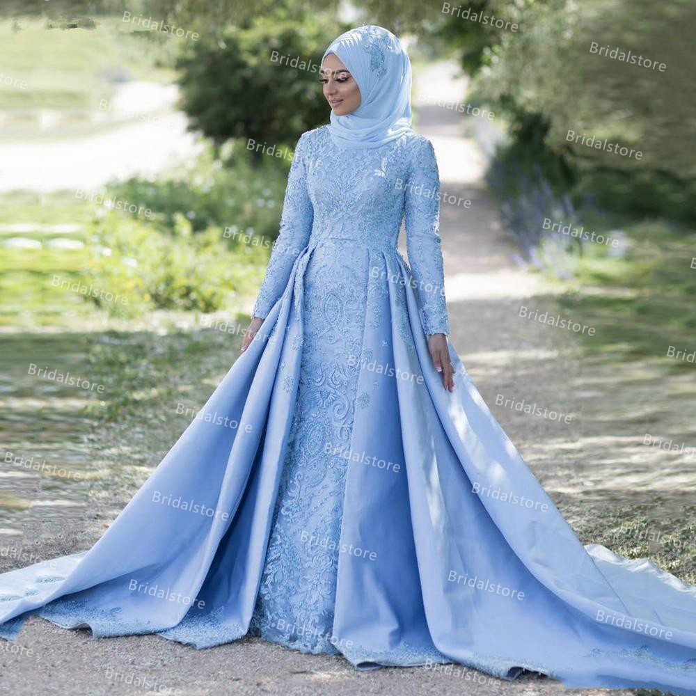 Vintage Blue Muslim Evening Dresses Dubai With Overskirt Train 2021 High Neck Crochet Lace Long Sleeve Arabic Prom Dress Hijab Reception Party Gown El