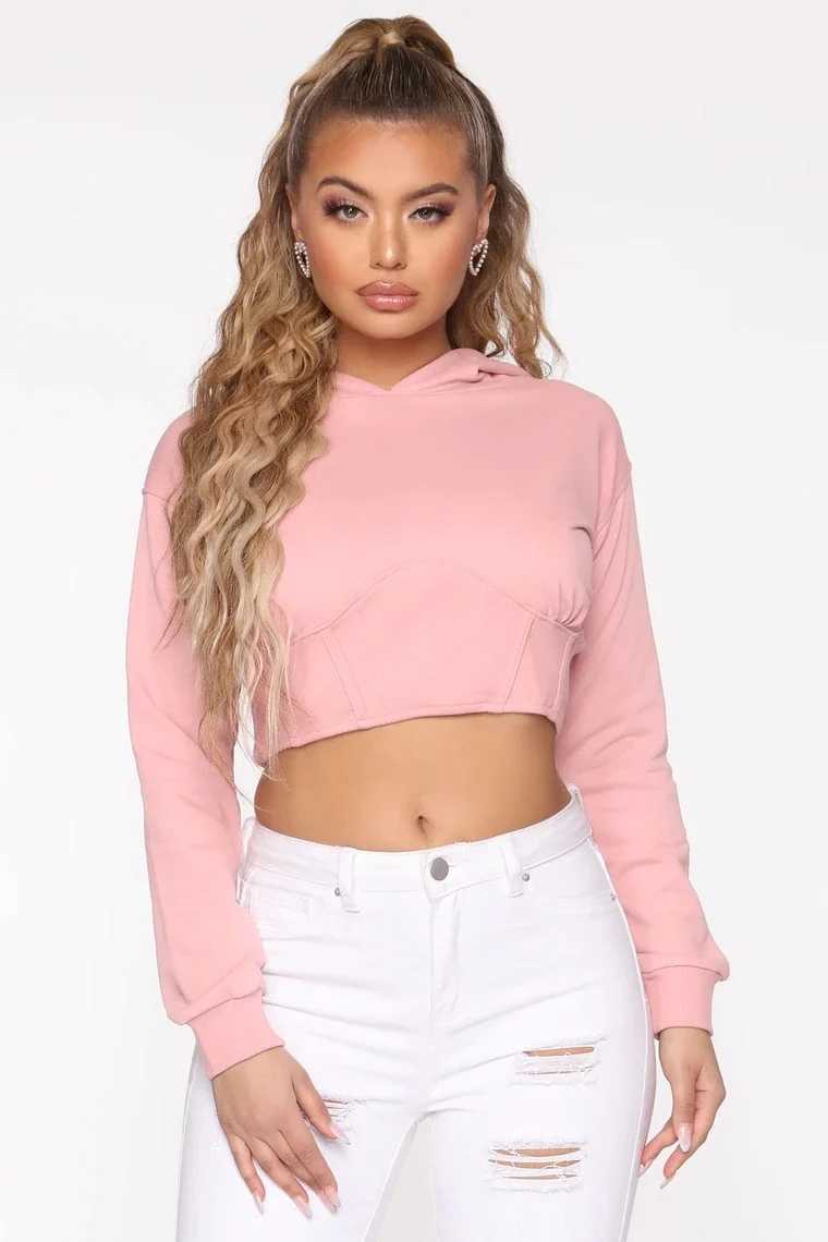 WOMENGAGA Autumn Winter Women Cinched Waist Crop Hoodie Hooded Sweatshirt With Corset Detail X4LA 210603