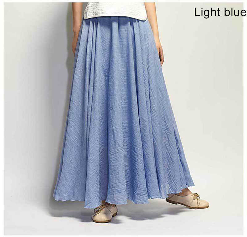 Women's Elegant High Waist Linen Maxi Skirt Summer Ladies Casual Elastic 2 Layers Skirts saia feminina 20 Colors SK53 210619