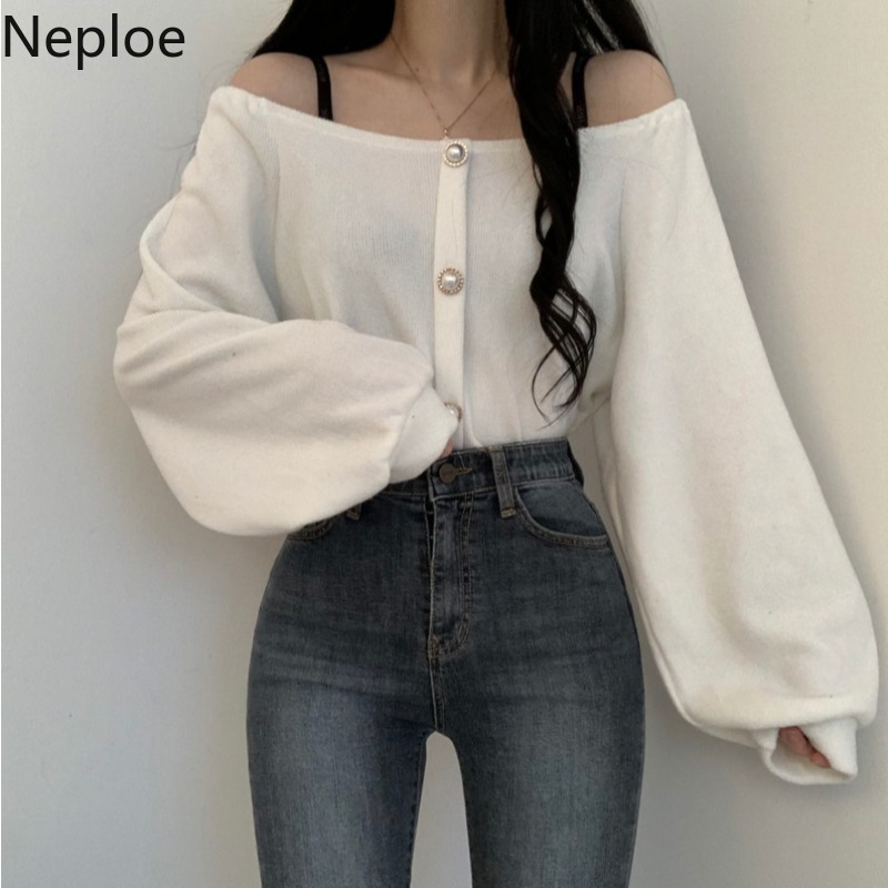 Neploe Square Collar Vintage Sweater Women Lantern Sleeve Pearl Button Knitted Pullovers Tops Korean Loose Fashion Pull Femme 210422