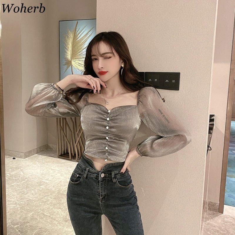 Women Square Collar All-Match Blouse Sexy Crop Tops Elegant Chic Puff Sleeve Feminine Casual Blusas 210519
