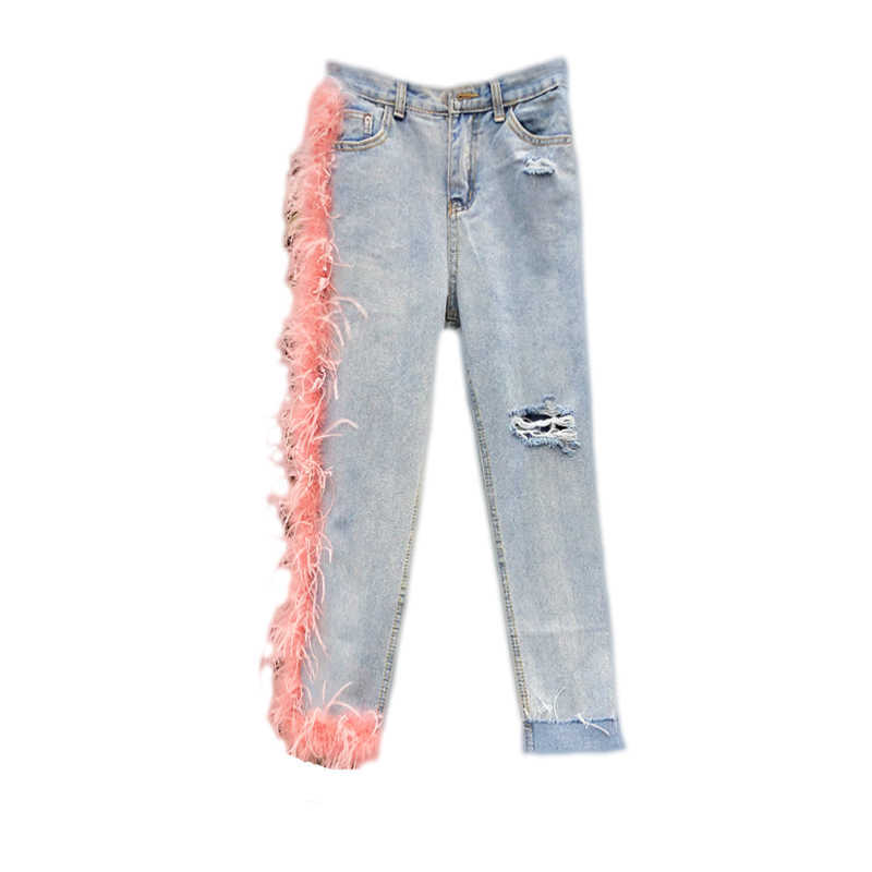 LANMREM Fashion Women High Waist Broken Tassels Fur Patchwork Washted Jeans Female Pants WH61705L Street 210809