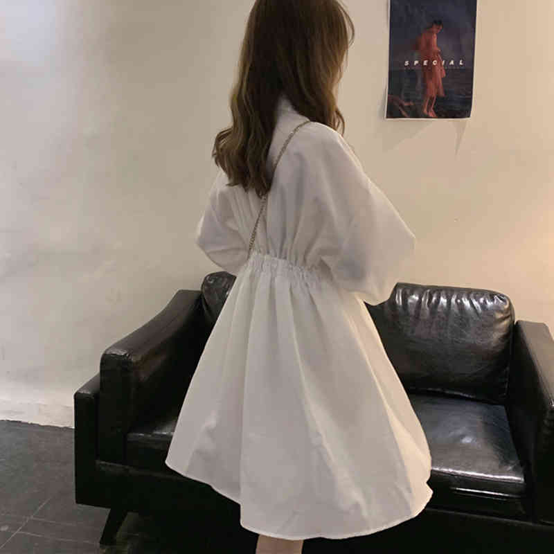 White Woman Dress Lantern Sleeve Solid Plus Size Dresses Vintage Single Breasted Women Shirts Vestidos 14510 210508