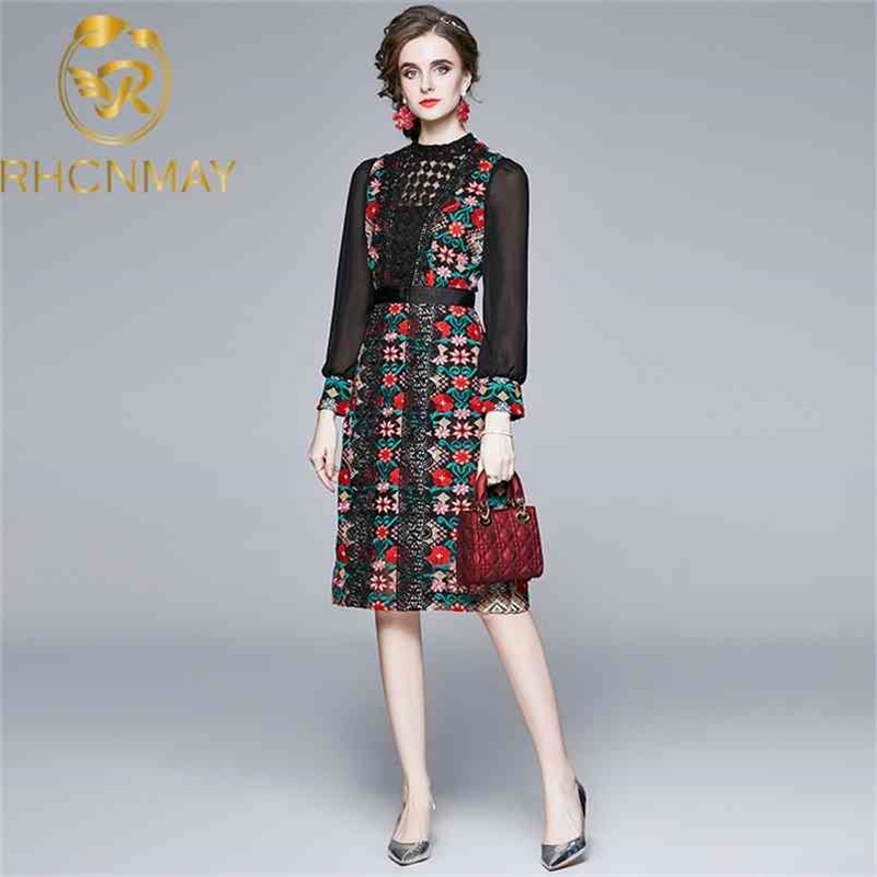 Runway Spring Top Quality Autumn Party Events Women Stand Neck Hollow Out Lace Embroidery Long Sleeve Bodycon Vintage Dress 210506