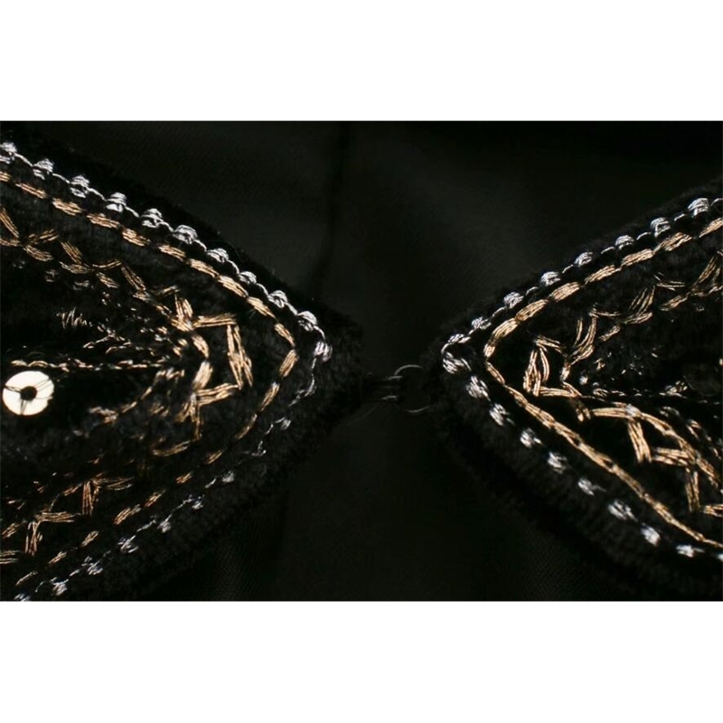 Spring Beading Sequins Embroidery Velvet Jacket Ethnic Women Round Collar Open Stitching Coat Black Outerwear 210429
