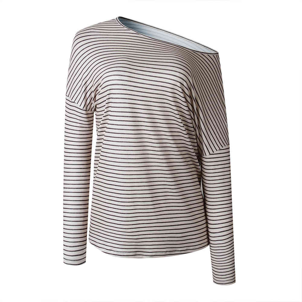 Women Skew Collar Korean Style T Shirt Harajuku op Long sleeve Striped ops Female Autumn Casual ops 210428